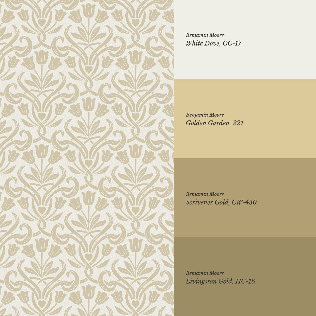 April Tulips Heart Damask Gold Wallpaper