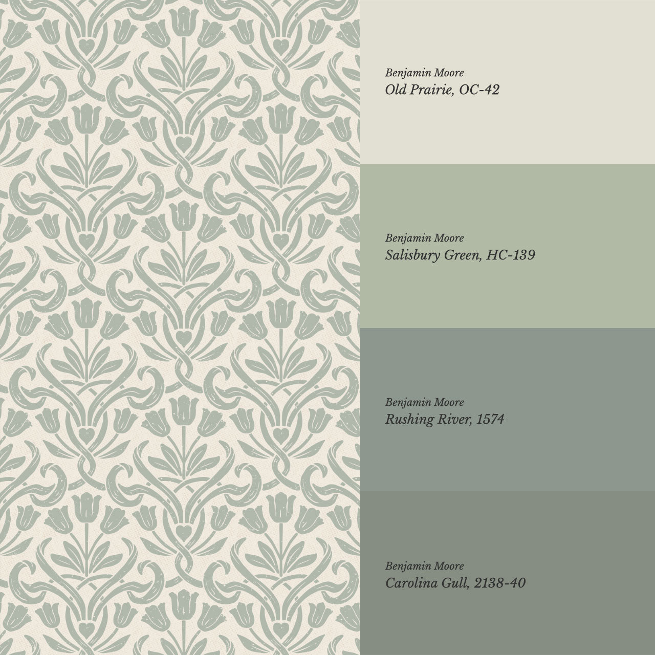 April Tulips Heart Damask Green Gray Wallpaper