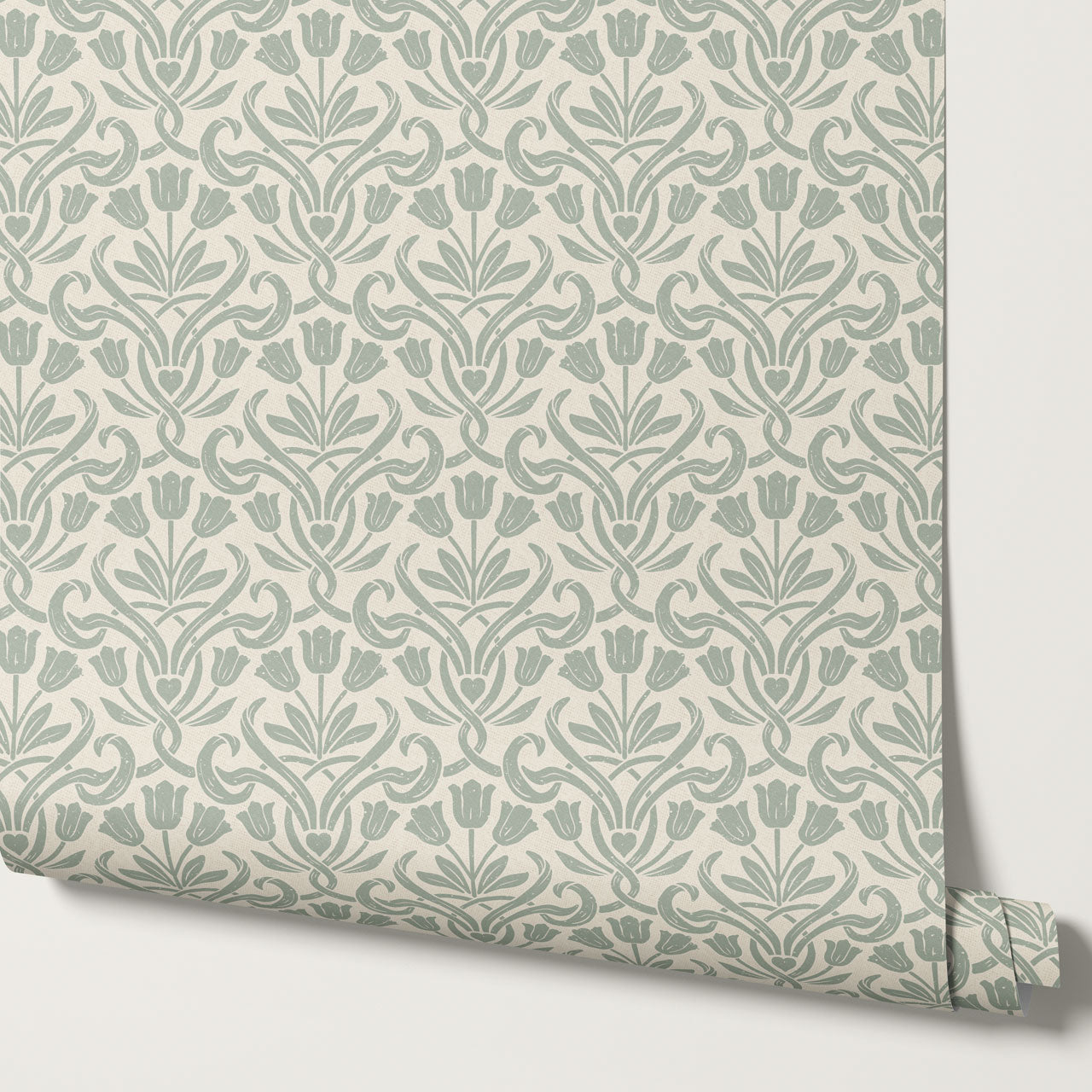 April Tulips Heart Damask Green Gray Wallpaper