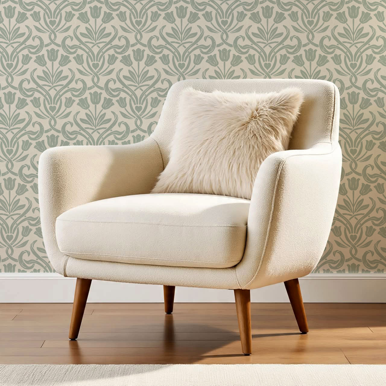 April Tulips Heart Damask Green Gray Wallpaper