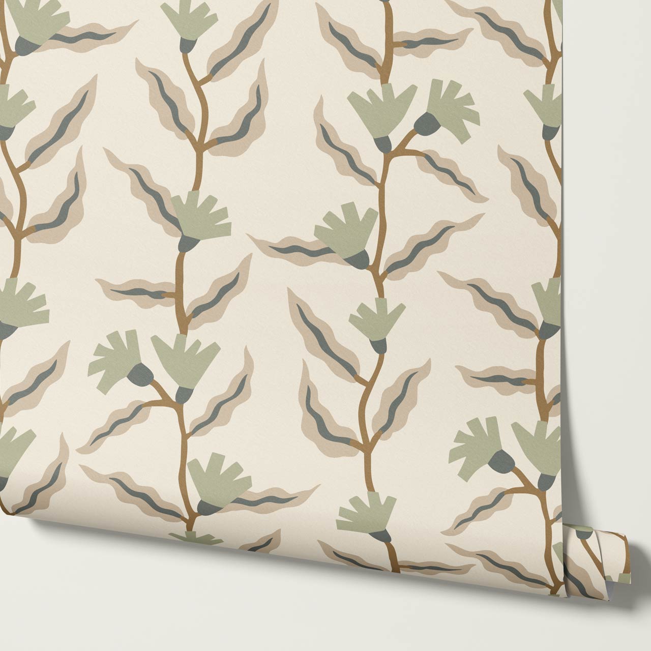 Adaline Folk Vine Cream Sage Wallpaper