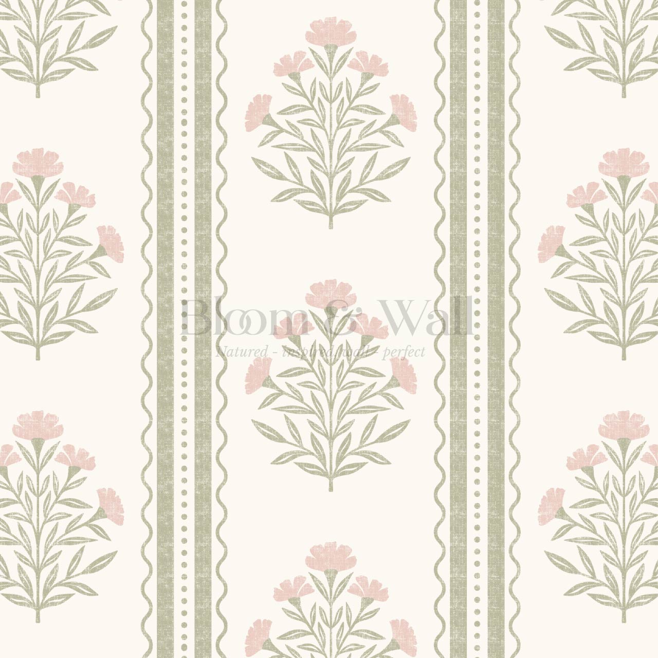 Adalynn Country Cottage Blooming Stripes Sage Pink Wallpaper