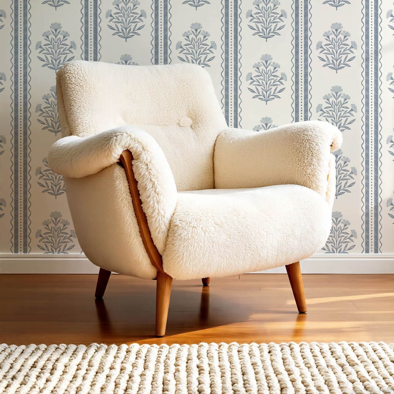 Adalynn Country Cottage Blooming Stripes Blue Cream Wallpaper