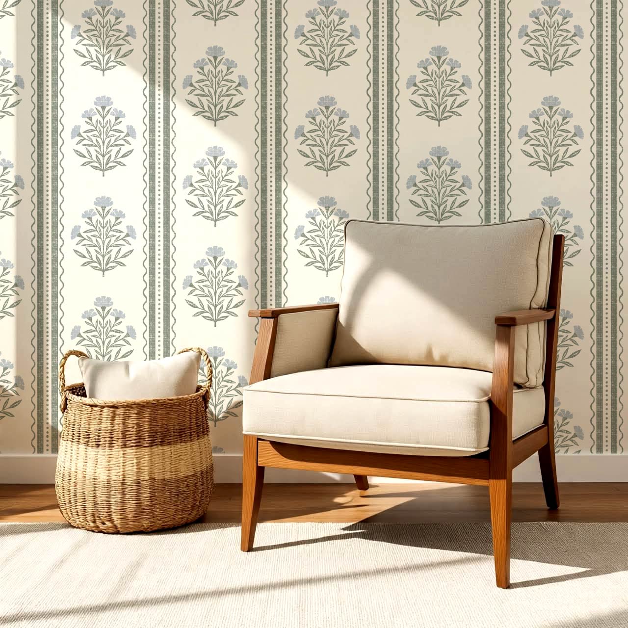 Adalynn Country Cottage Blooming Stripes Sage Sky Wallpaper