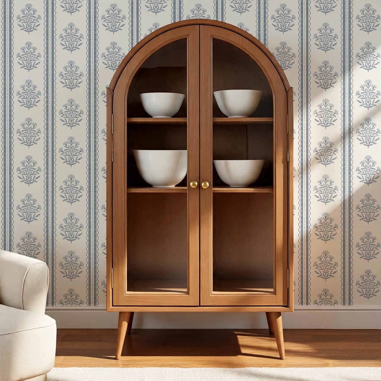 Adalynn Country Cottage Blooming Stripes Blue Cream Wallpaper