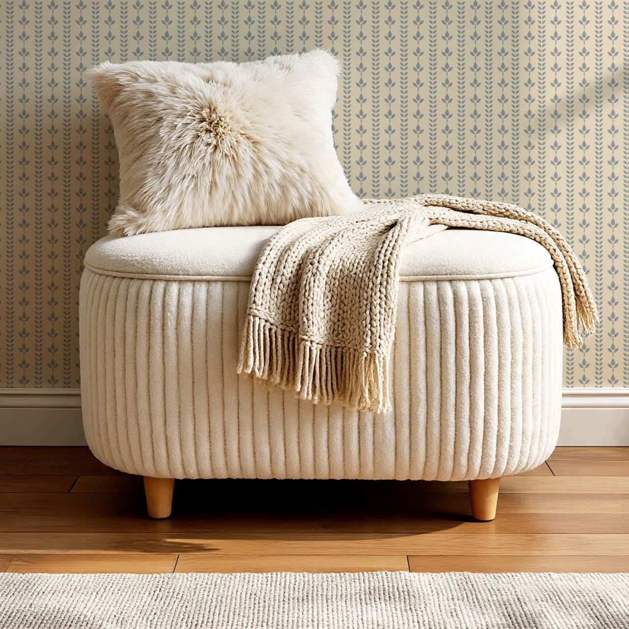 Agnes Cream Large French Blue Leaf Stripes Wallpaper