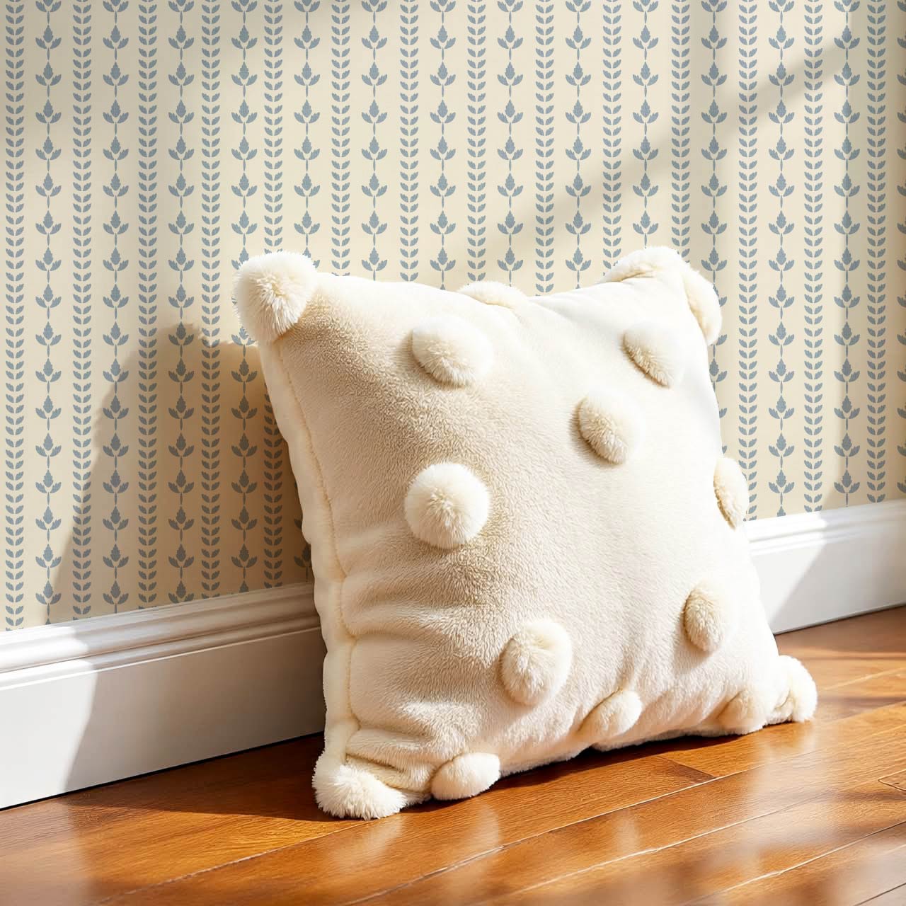 Agnes Cream Large French Blue Leaf Stripes Wallpaper