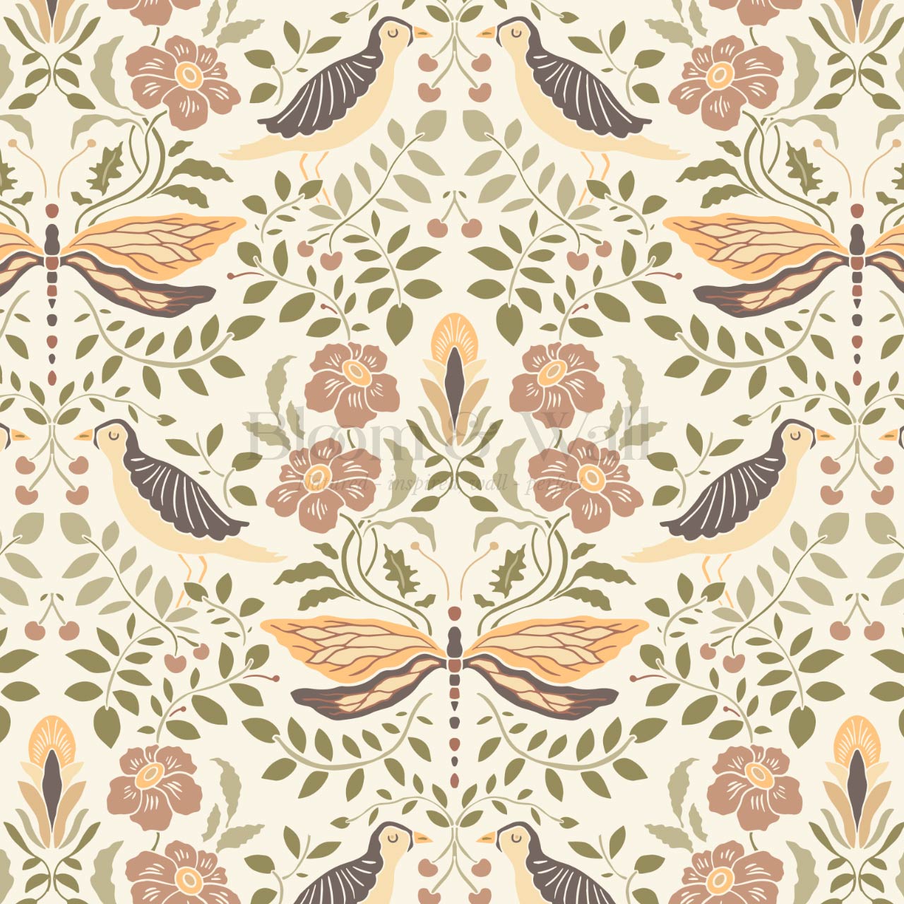 Aisha Puffins and Cherry Squash Sage Wallpaper