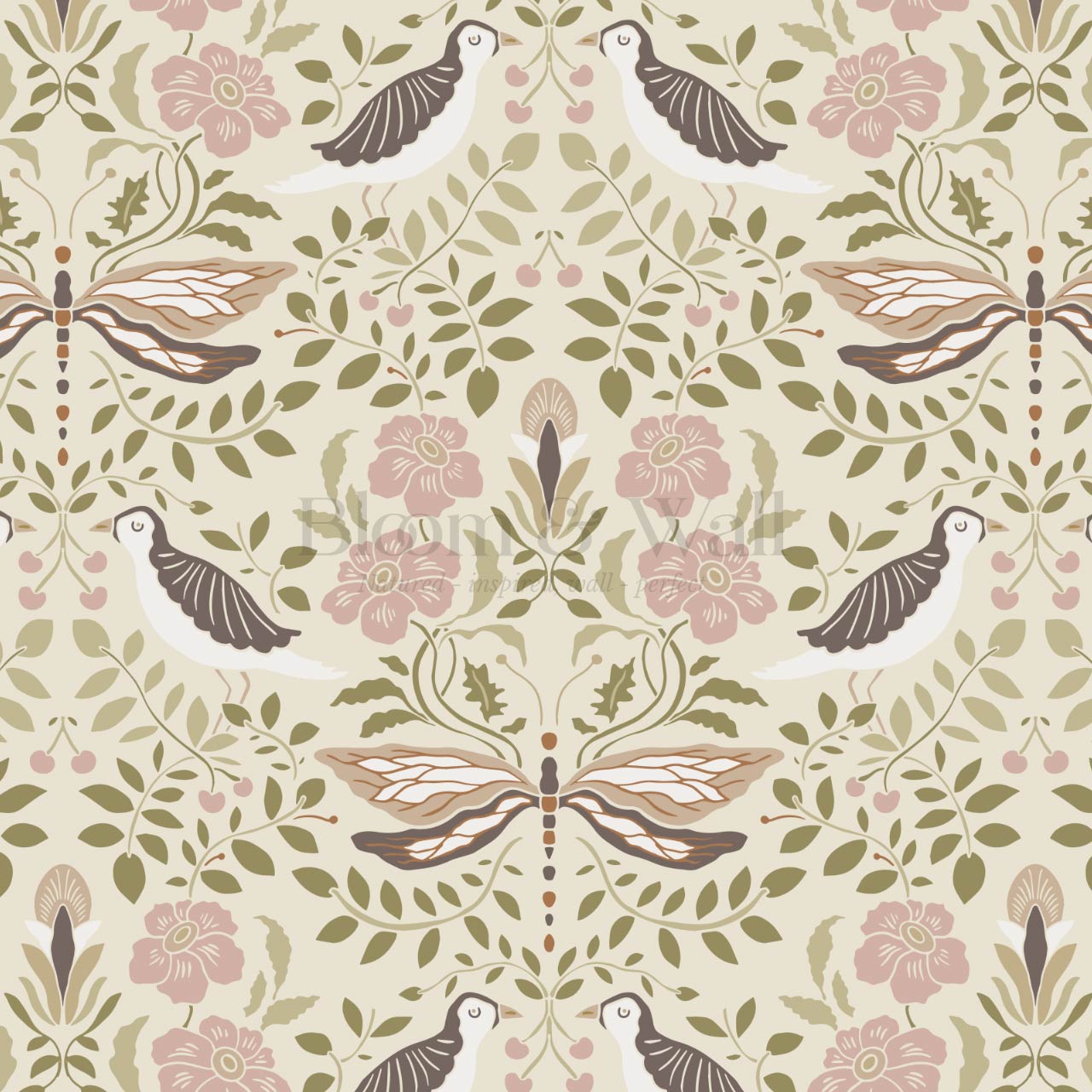 Aisha Puffins and Cherry Mauve Sage Wallpaper