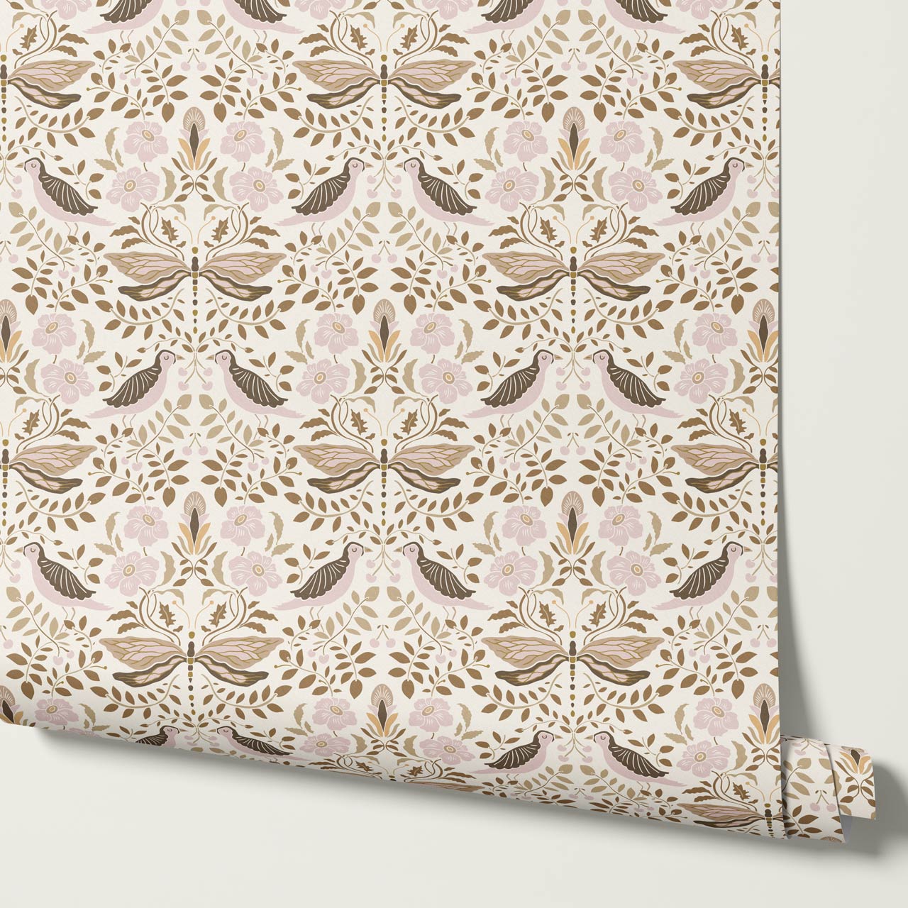 Aisha Puffins and Cherry Blush Wallpaper