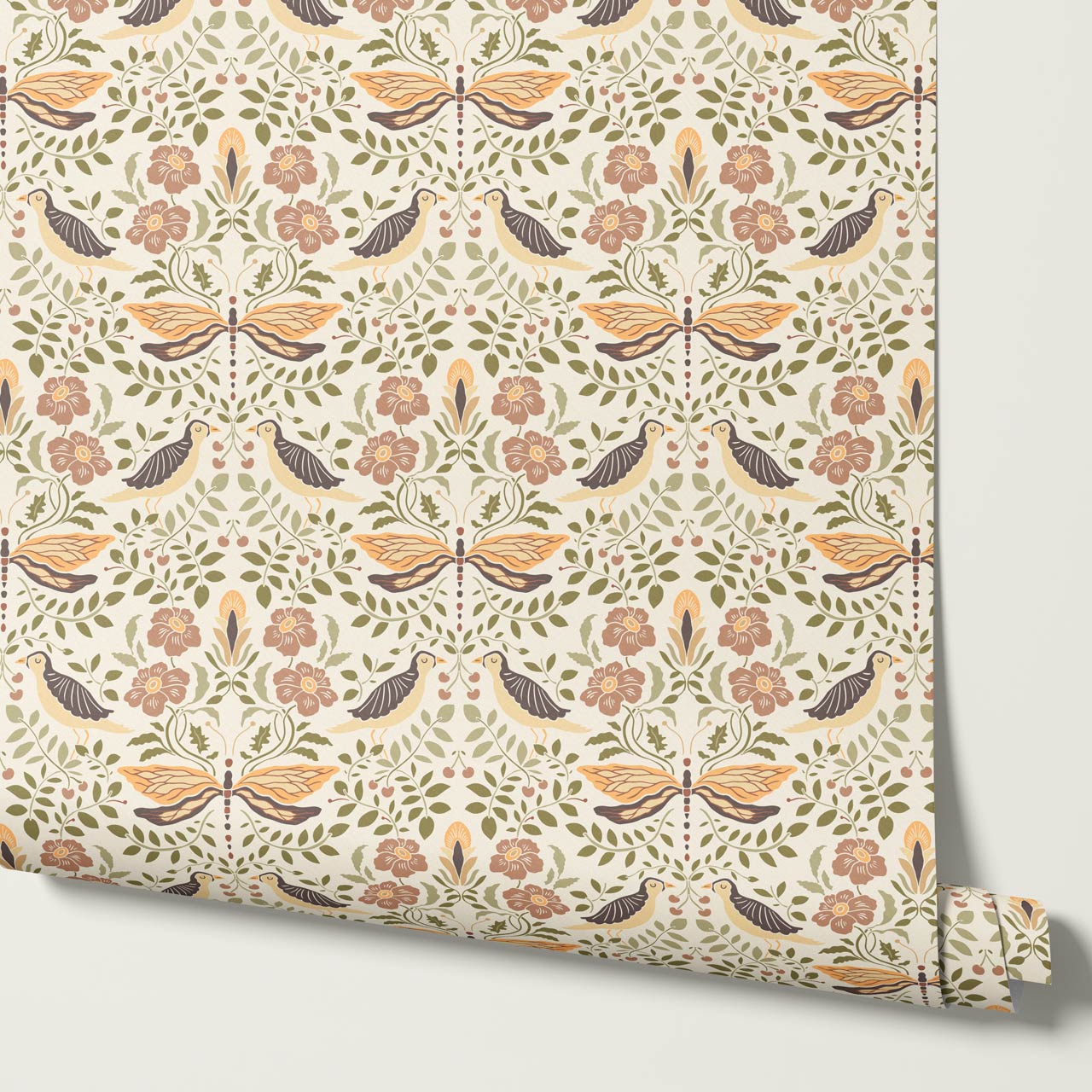 Aisha Puffins and Cherry Squash Sage Wallpaper