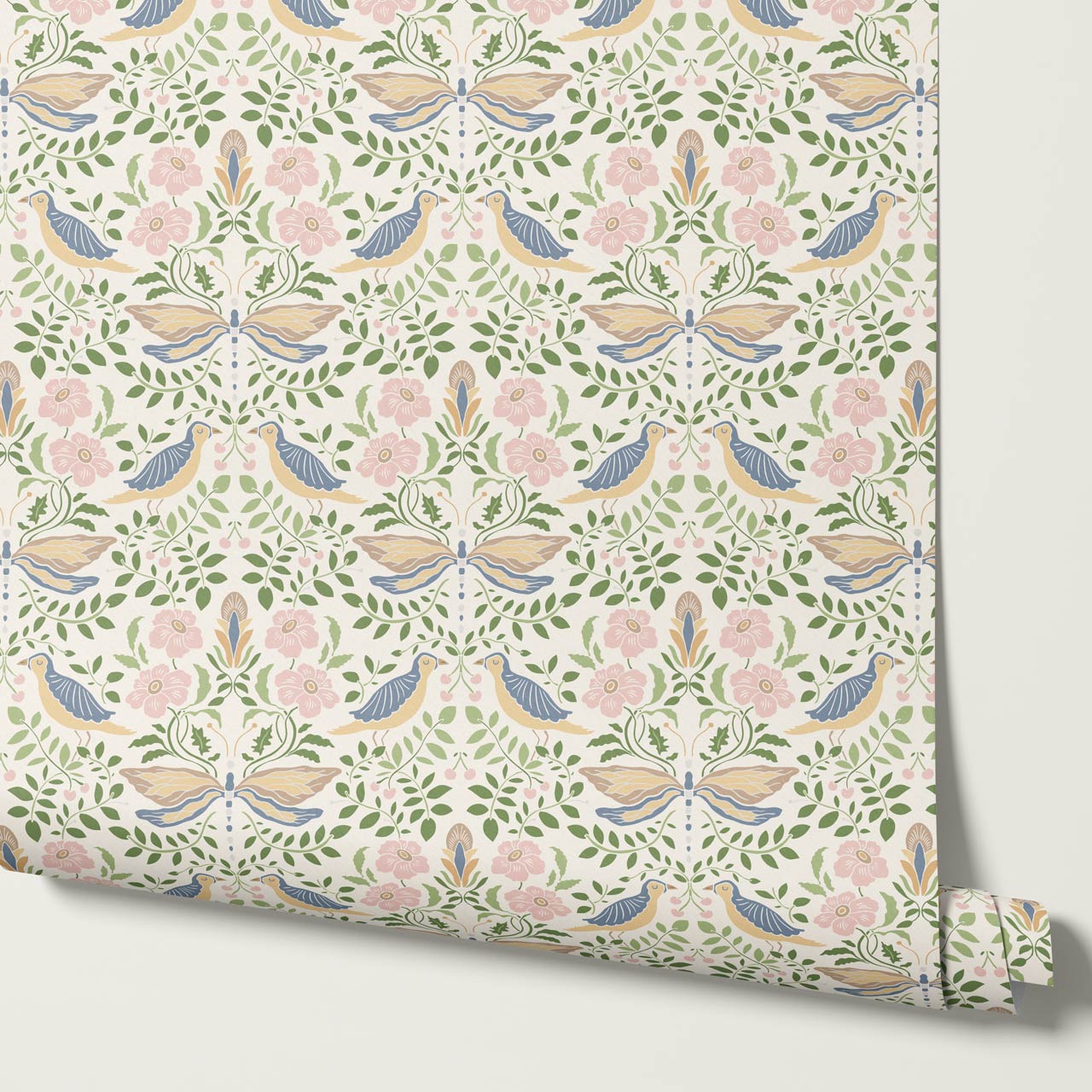 Aisha Puffins and Cherry Sky Pink Wallpaper