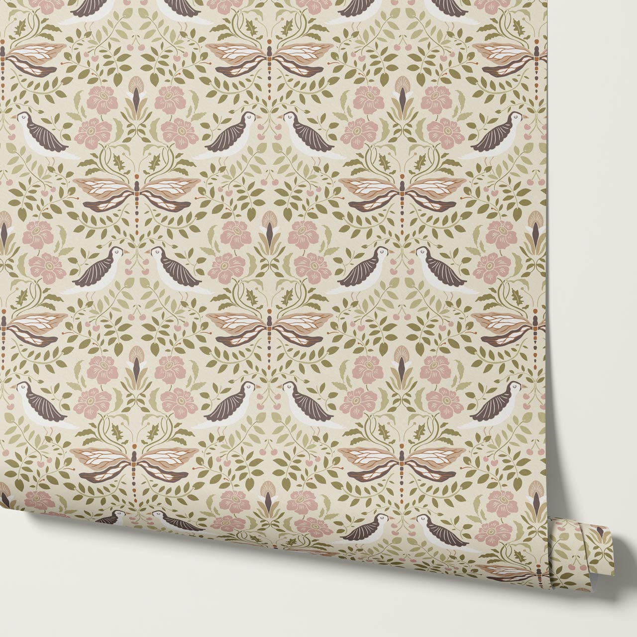 Aisha Puffins and Cherry Mauve Sage Wallpaper