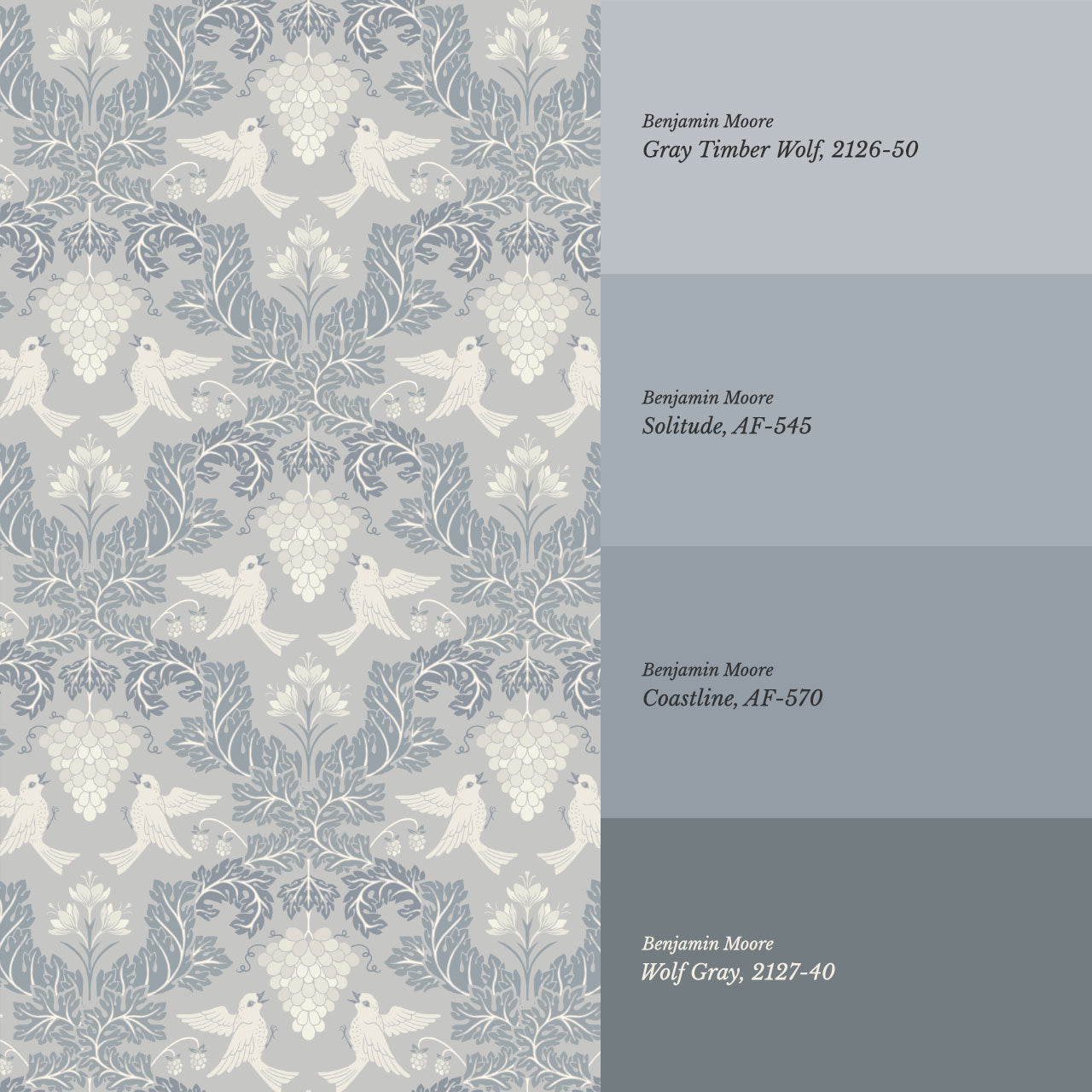 Alessandra Grape Damask Dove Gray Wallpaper