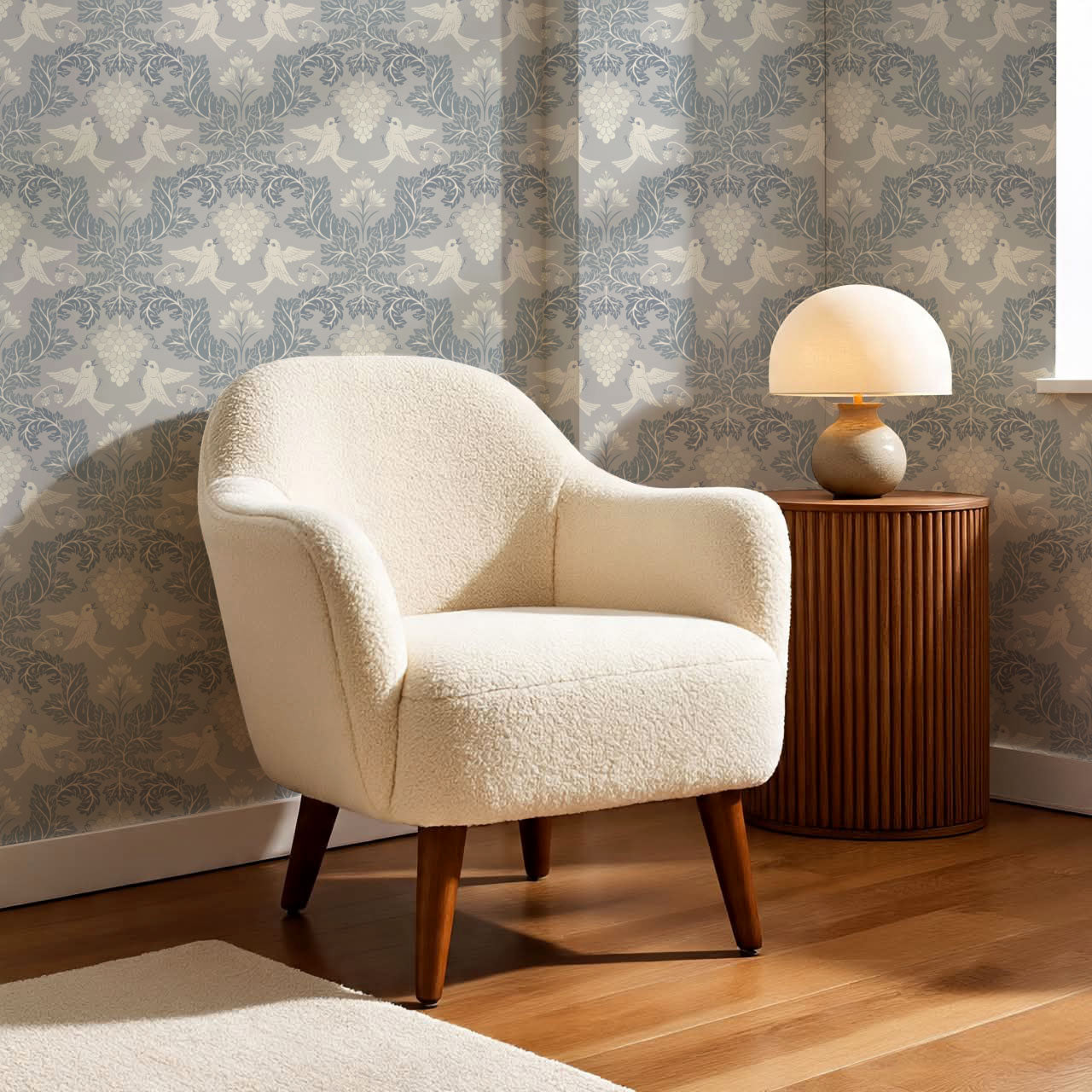 Alessandra Grape Damask Dove Gray Wallpaper