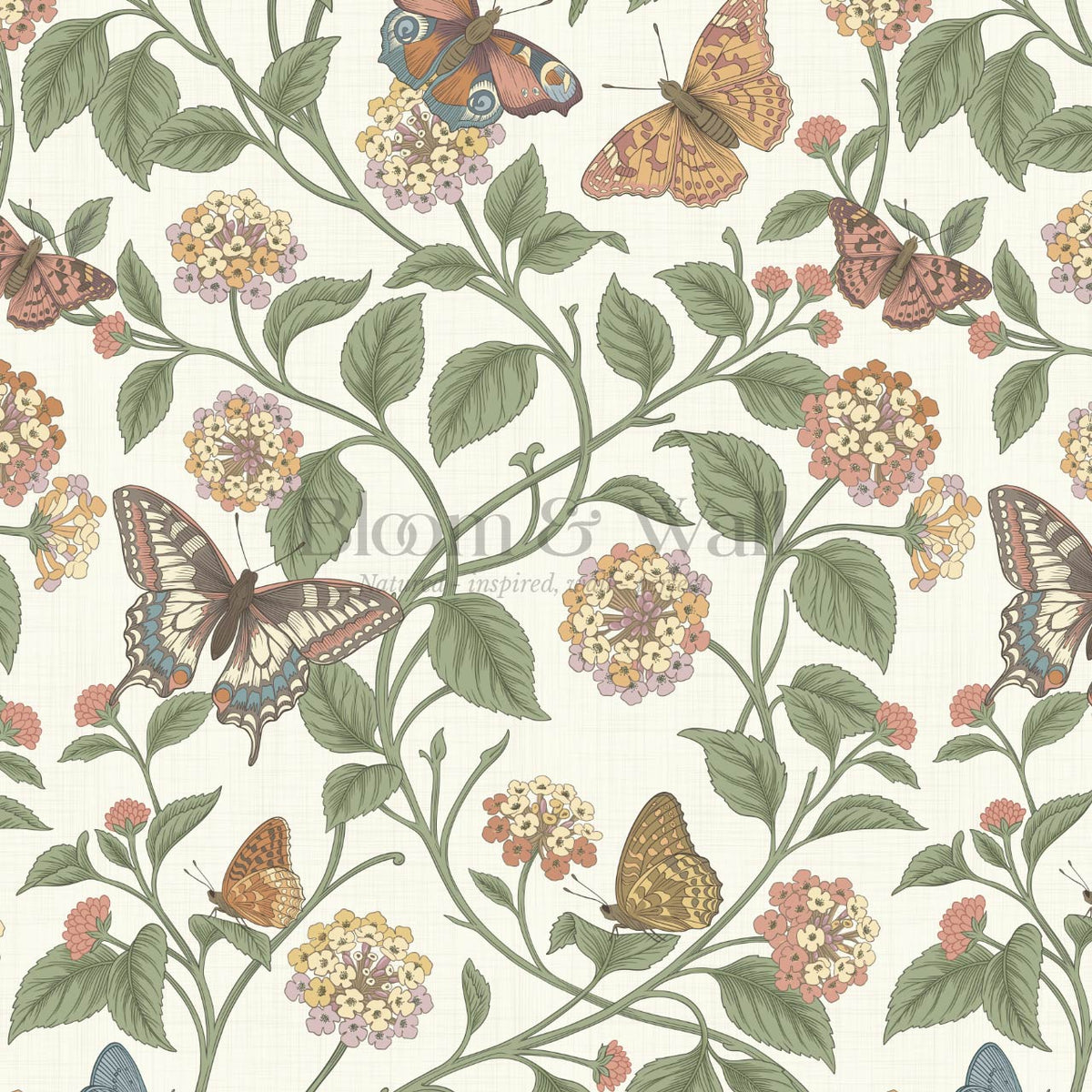 Amelia Lantana and Butterflies Garden Green Cream Wallpaper