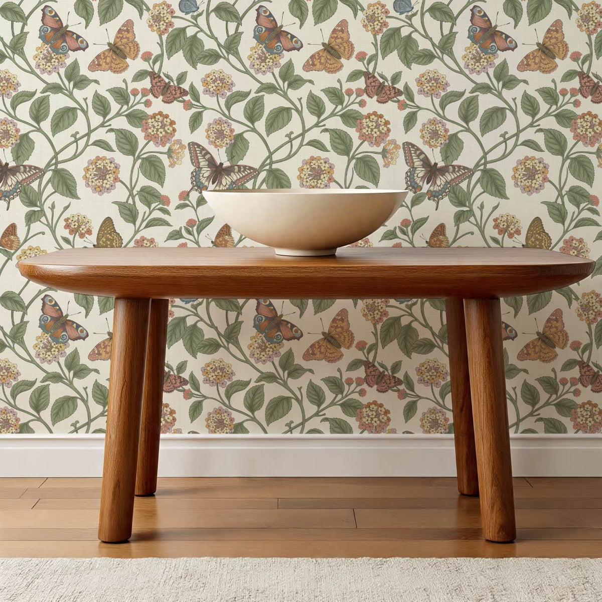 Amelia Lantana and Butterflies Garden Green Cream Wallpaper