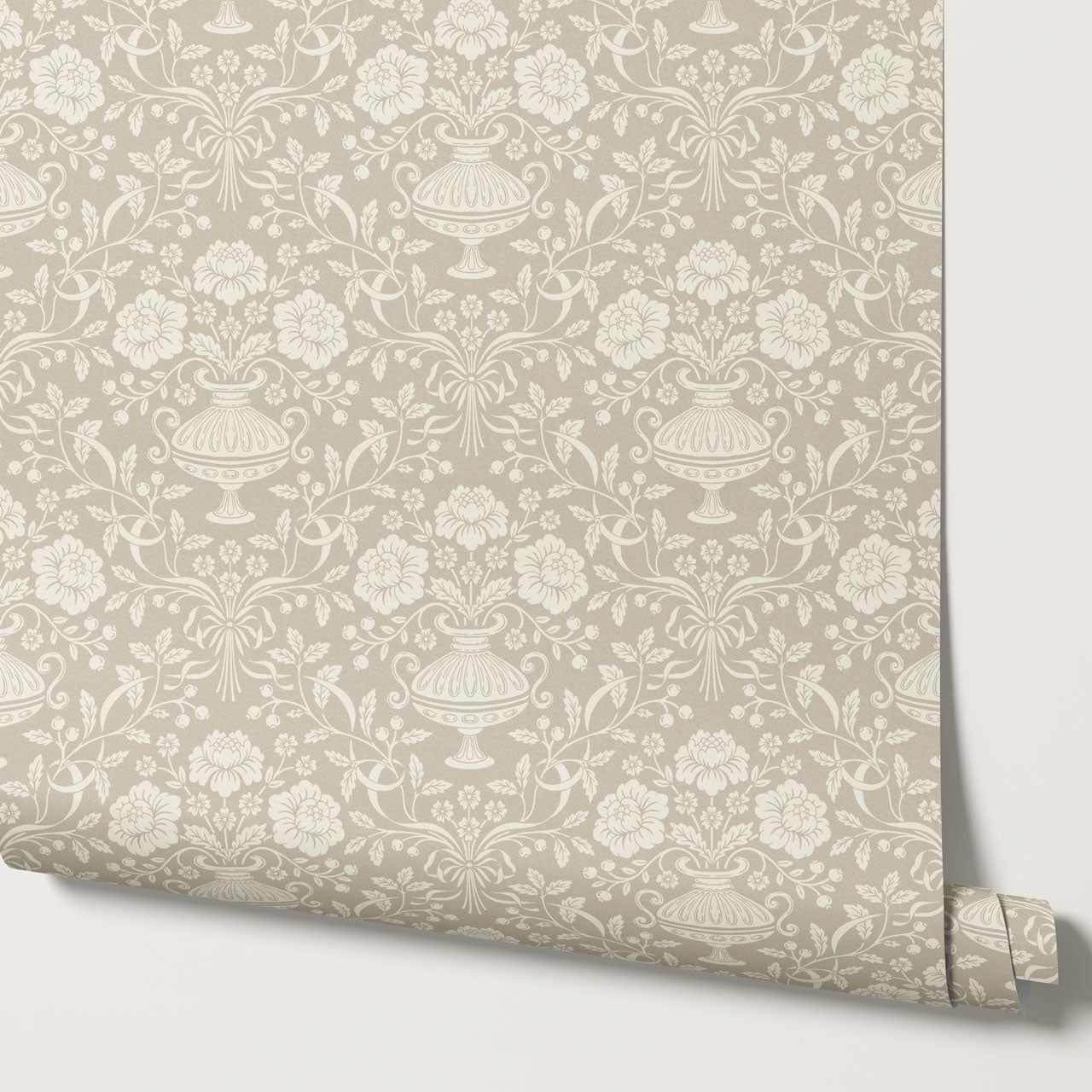 Angelina Ribbon Damask Beige Wallpaper