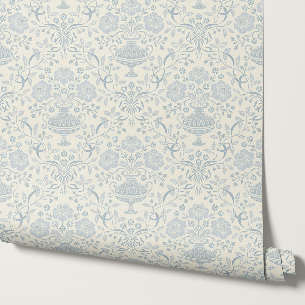 Angelina Ribbon Damask French Blue Wallpaper