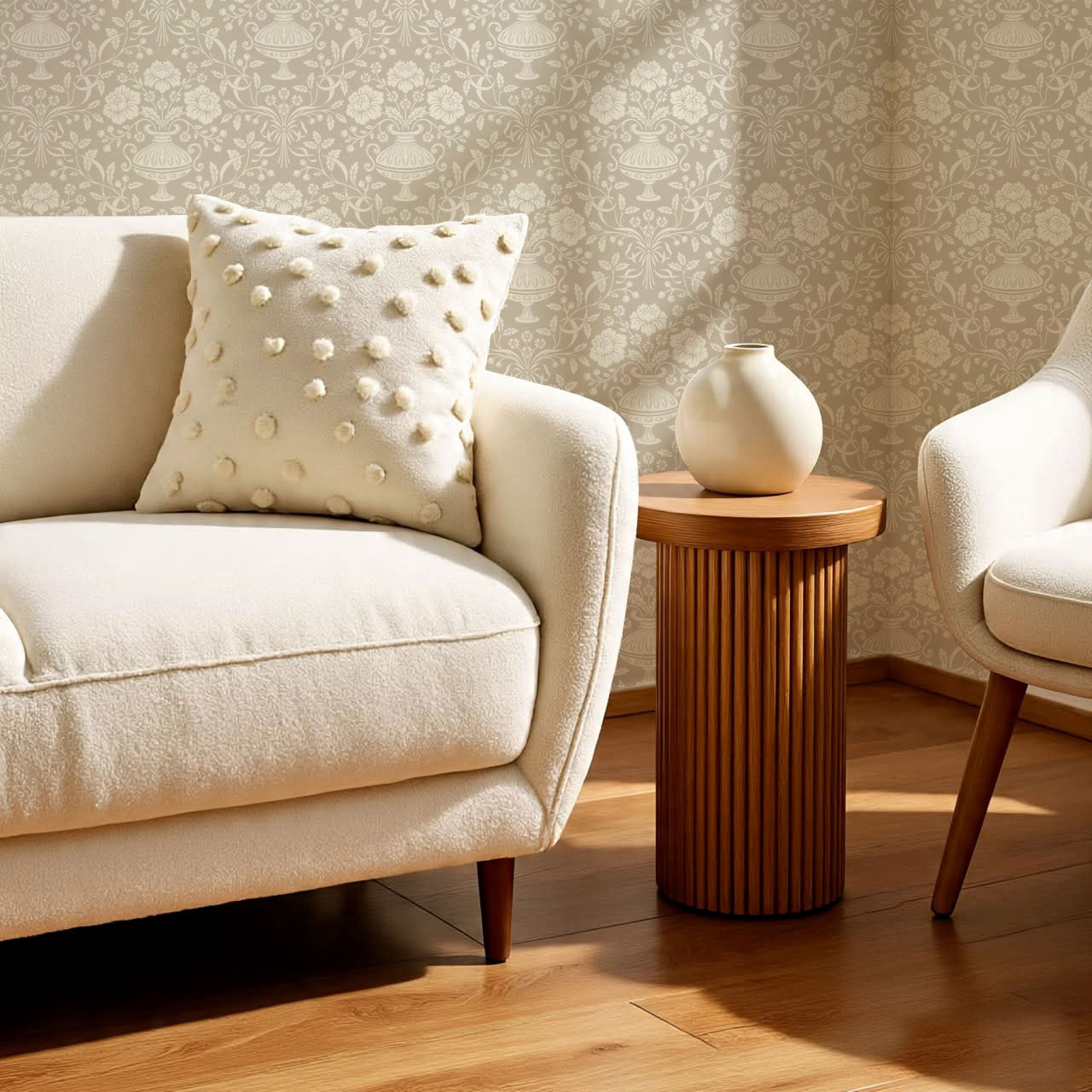 Angelina Ribbon Damask Beige Wallpaper