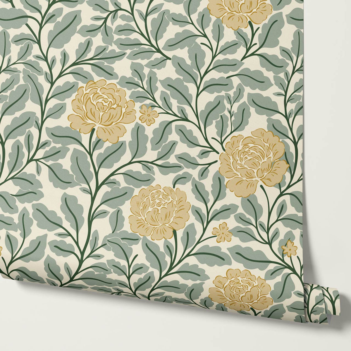 Anna Botanical Roses Sage Ochre Wallpaper