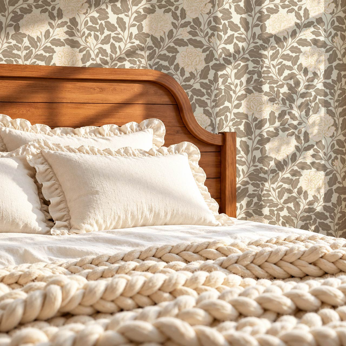 Anna Botanical Roses Neutral Beige Wallpaper