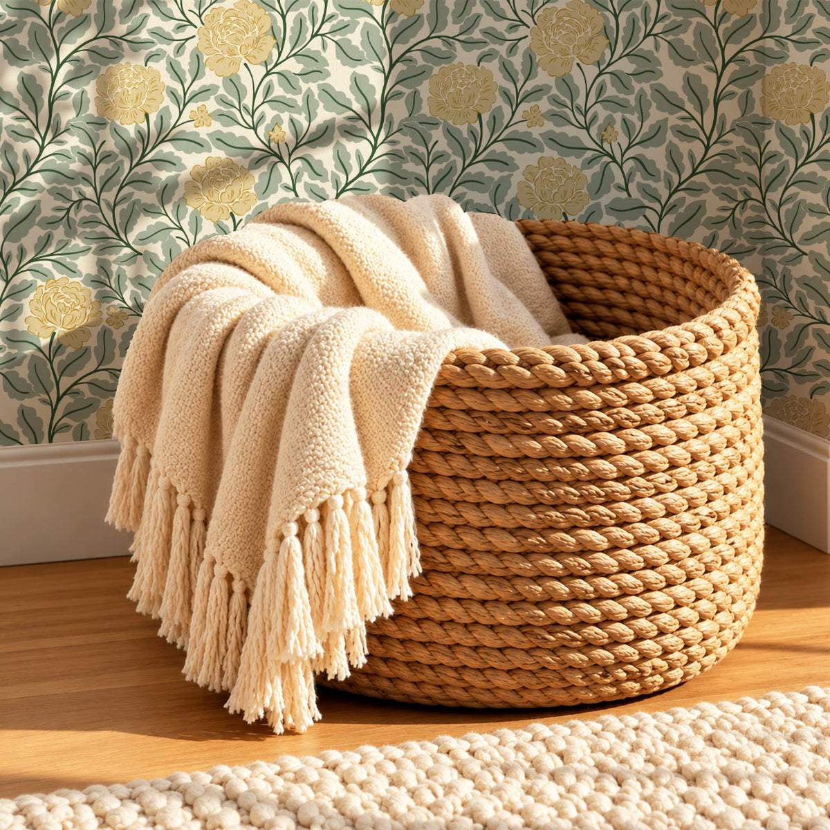 Anna Botanical Roses Sage Ochre Wallpaper