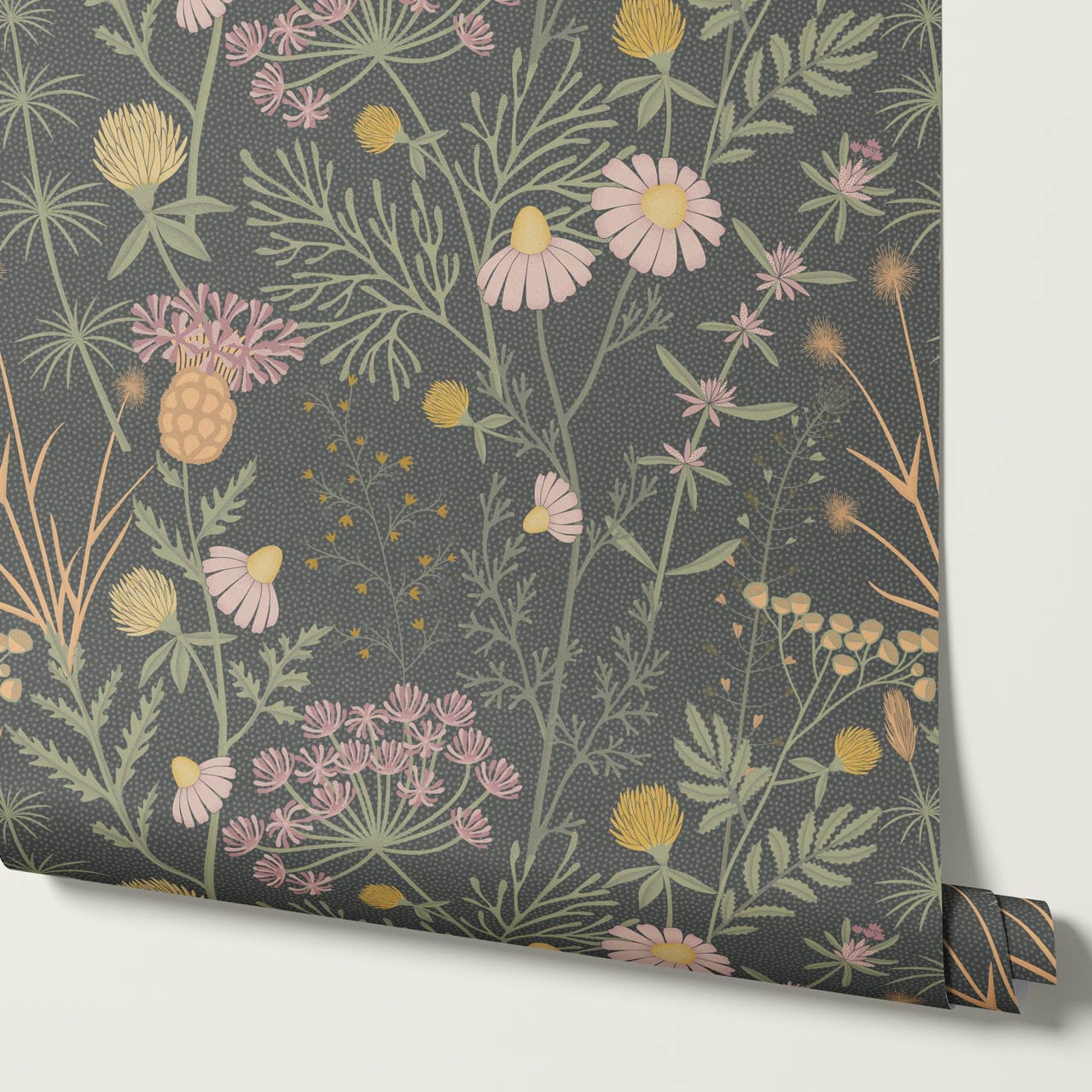 Annabelle Botanical Weeds Deep Green Pink Wallpaper