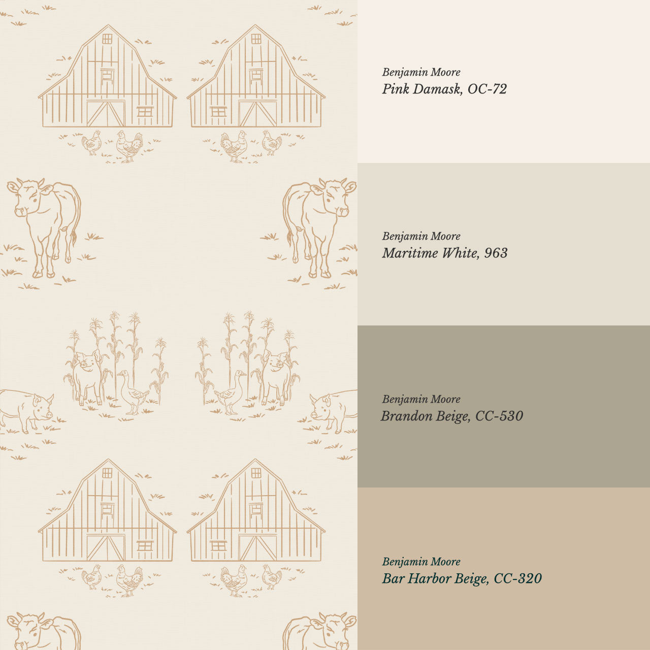 Annie Barnyard Toile Wheat Wallpaper
