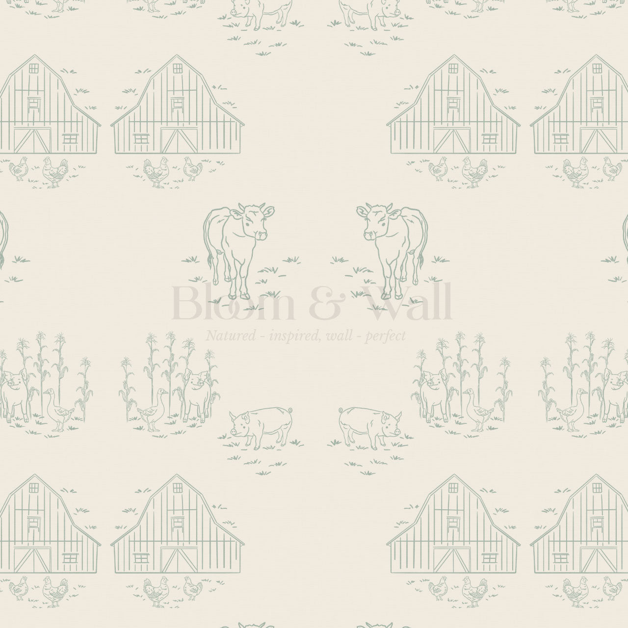 Annie Barnyard Toile Sage Wallpaper