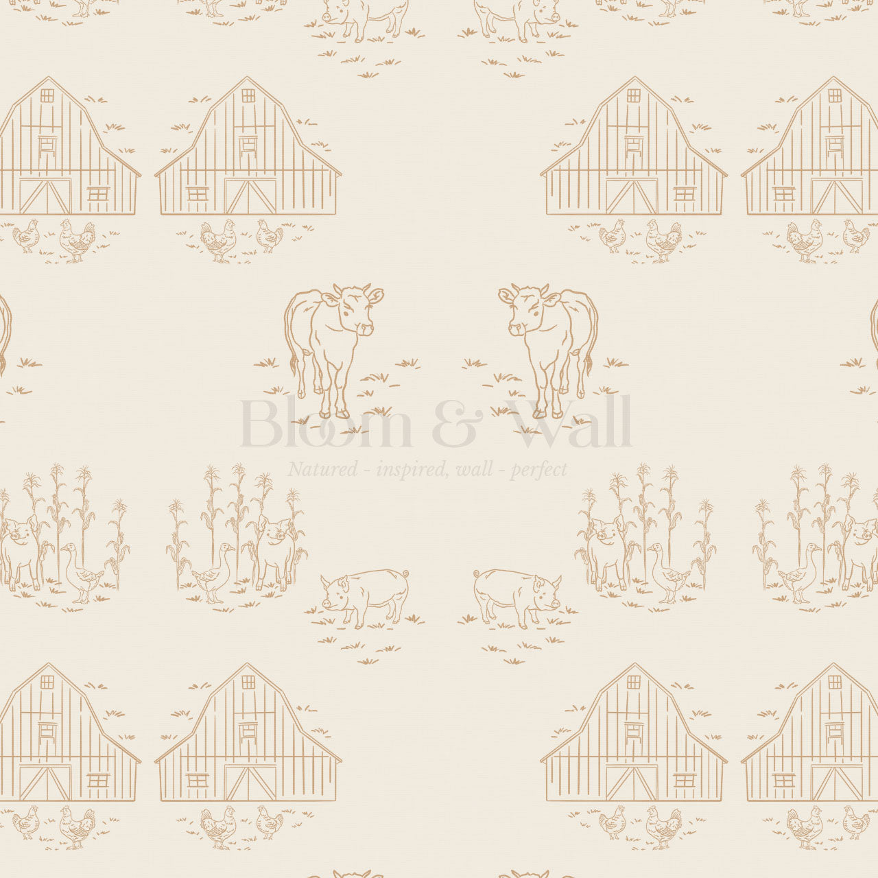 Annie Barnyard Toile Wheat Wallpaper