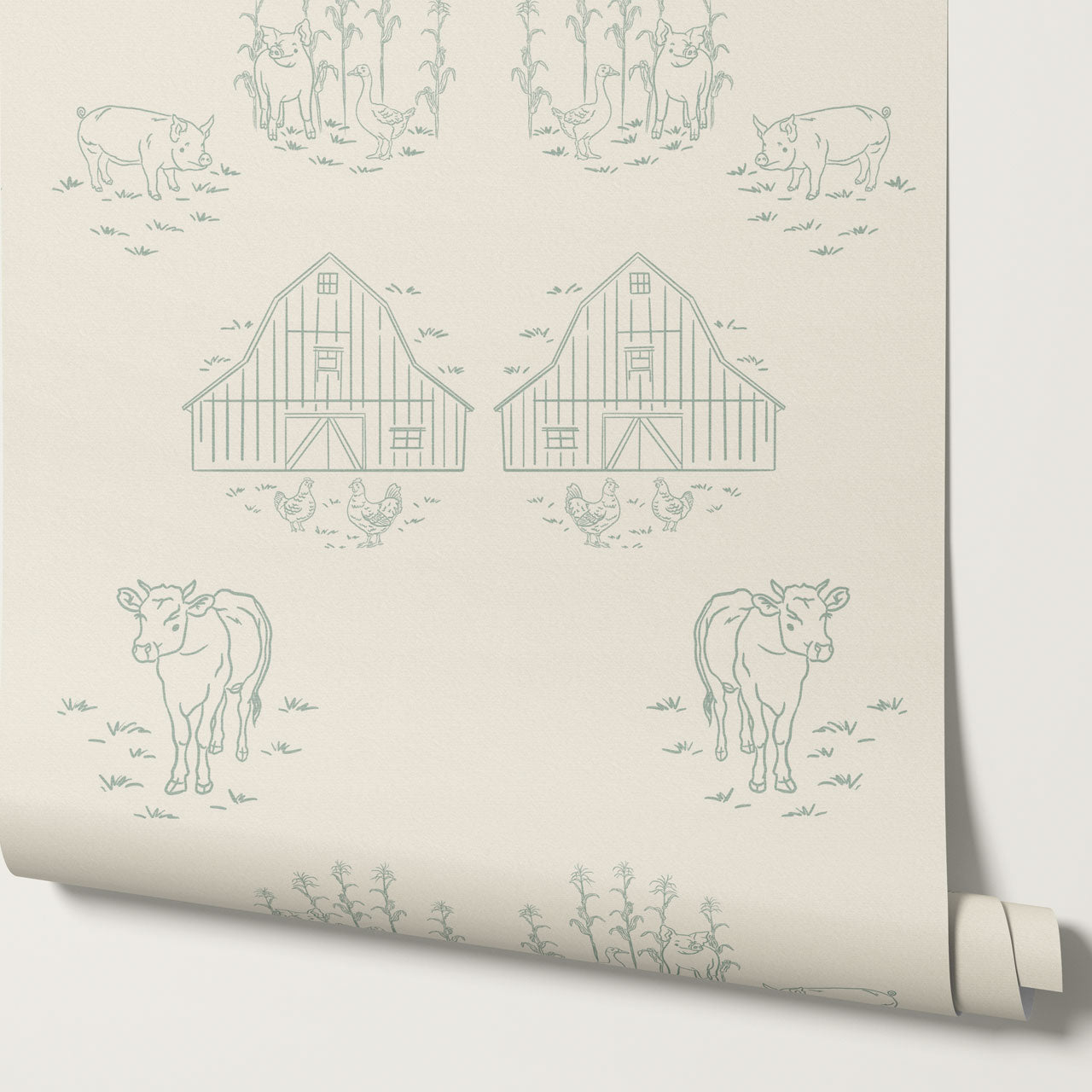 Annie Barnyard Toile Sage Wallpaper