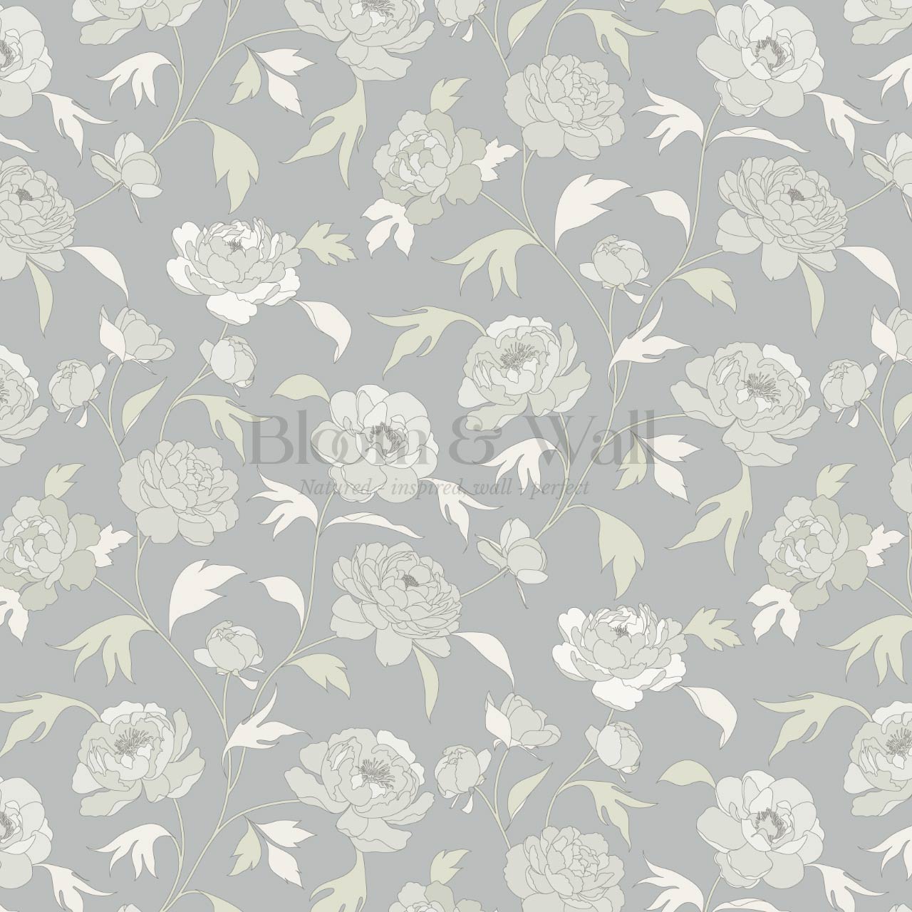 Antonia Peonies Sea Glass Grey Wallpaper