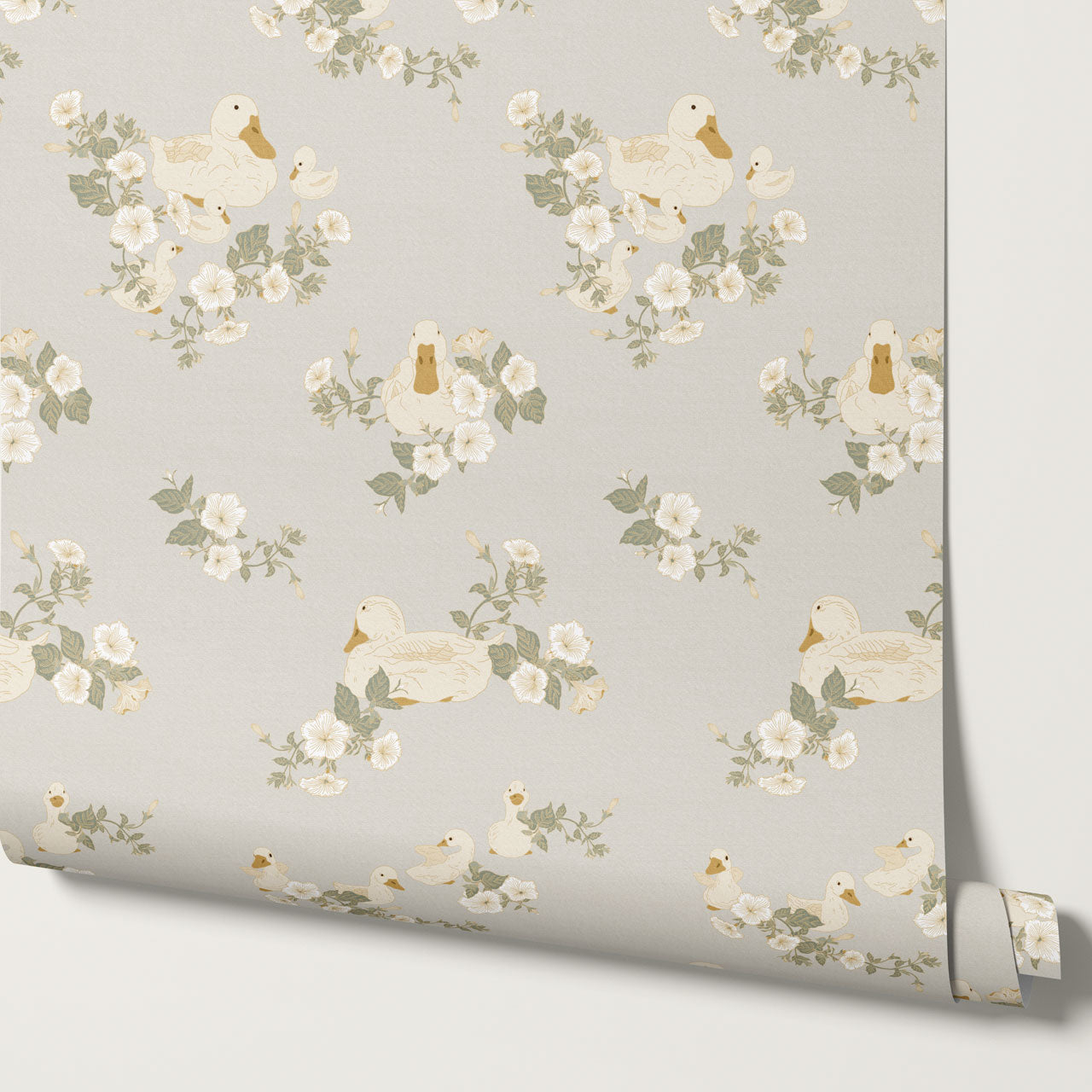 Ariel Ducks and Petunias Light Dove Wallpaper