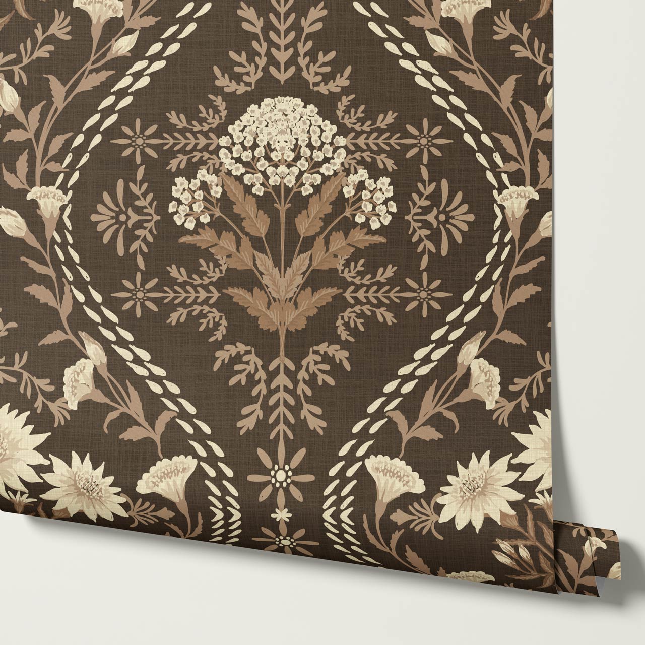 Azalea Ogee Large Fall Florals Brown Wallpaper