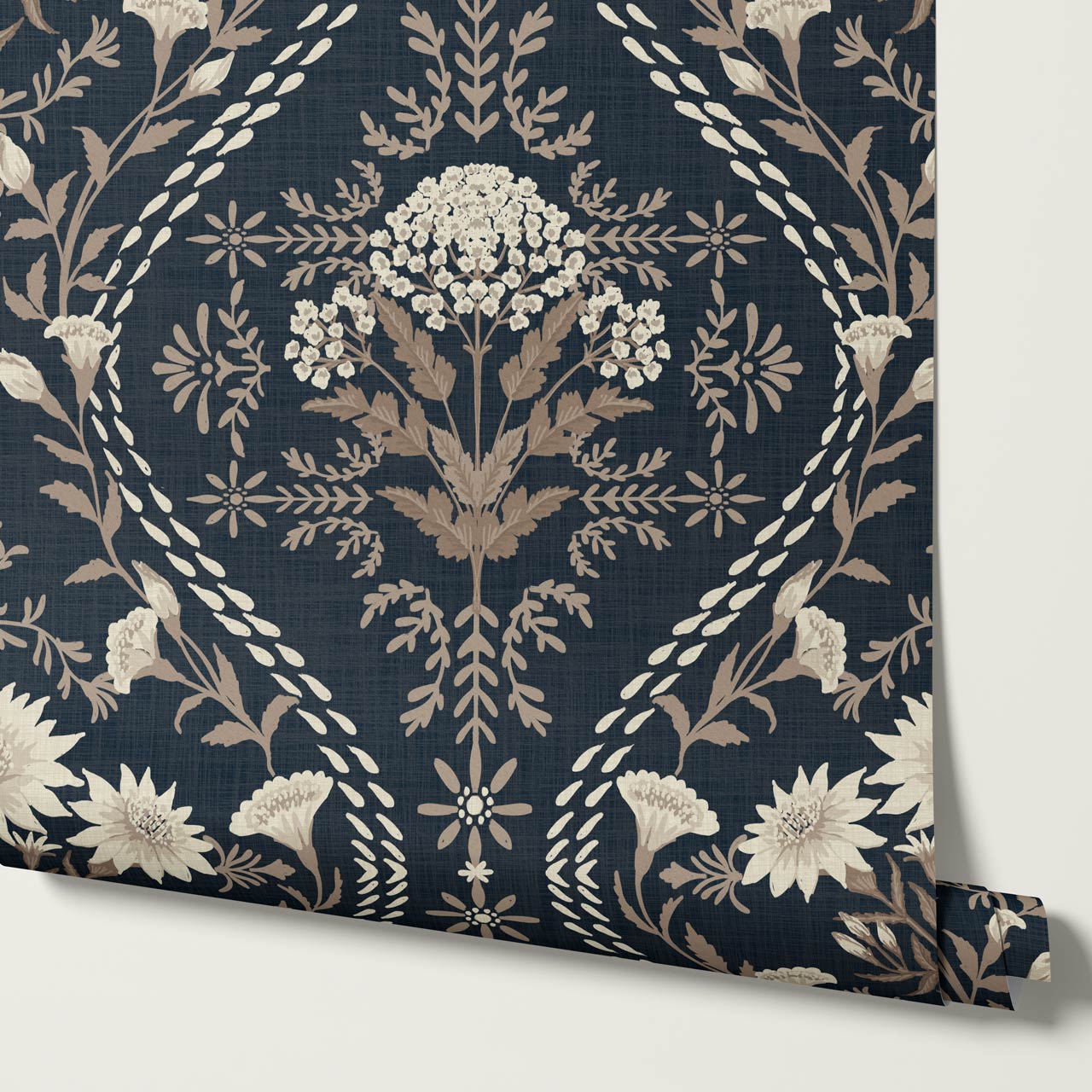 Azalea Ogee Large Fall Florals Navy Pattern