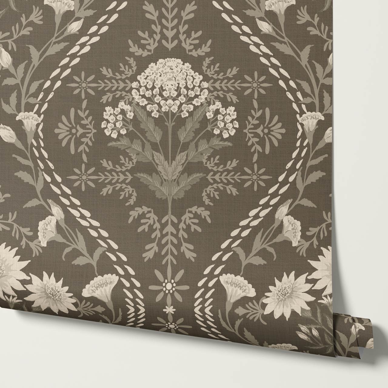 Azalea Ogee Large Fall Florals Olive Wallpaper