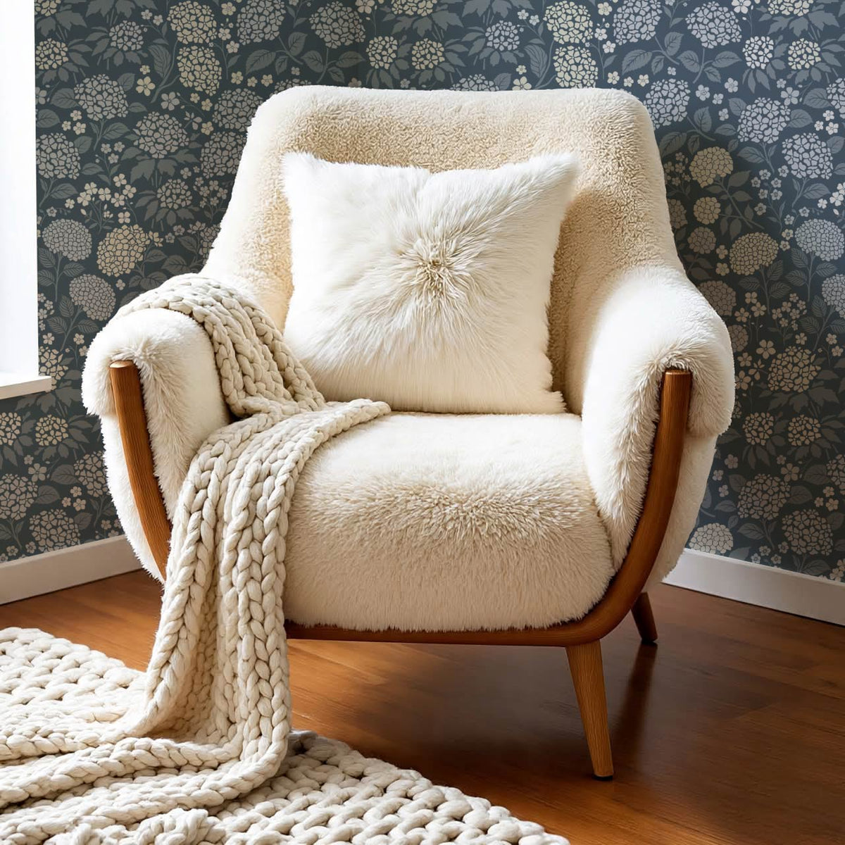 Bianca Hydrangea Garden Blue Ivory Wallpaper