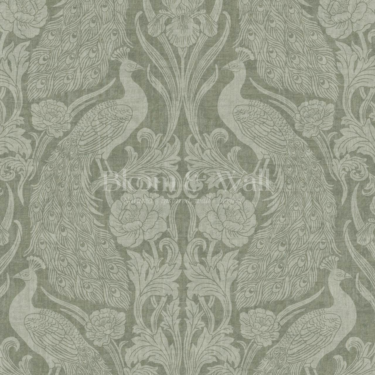 Blevine Peacocks Damask Forest Sage Wallpaper