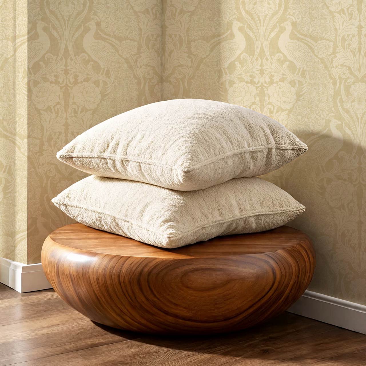 Blevine Peacocks Damask Almond Butter Wallpaper