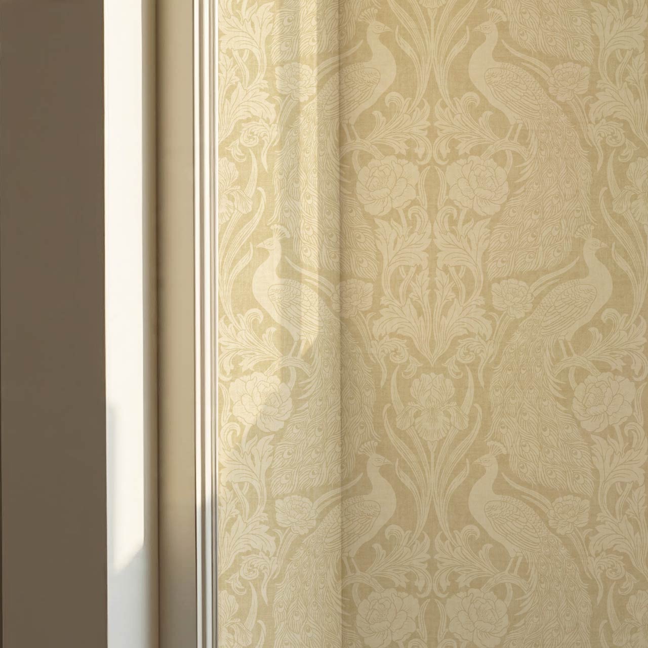 Blevine Peacocks Damask Almond Butter Wallpaper