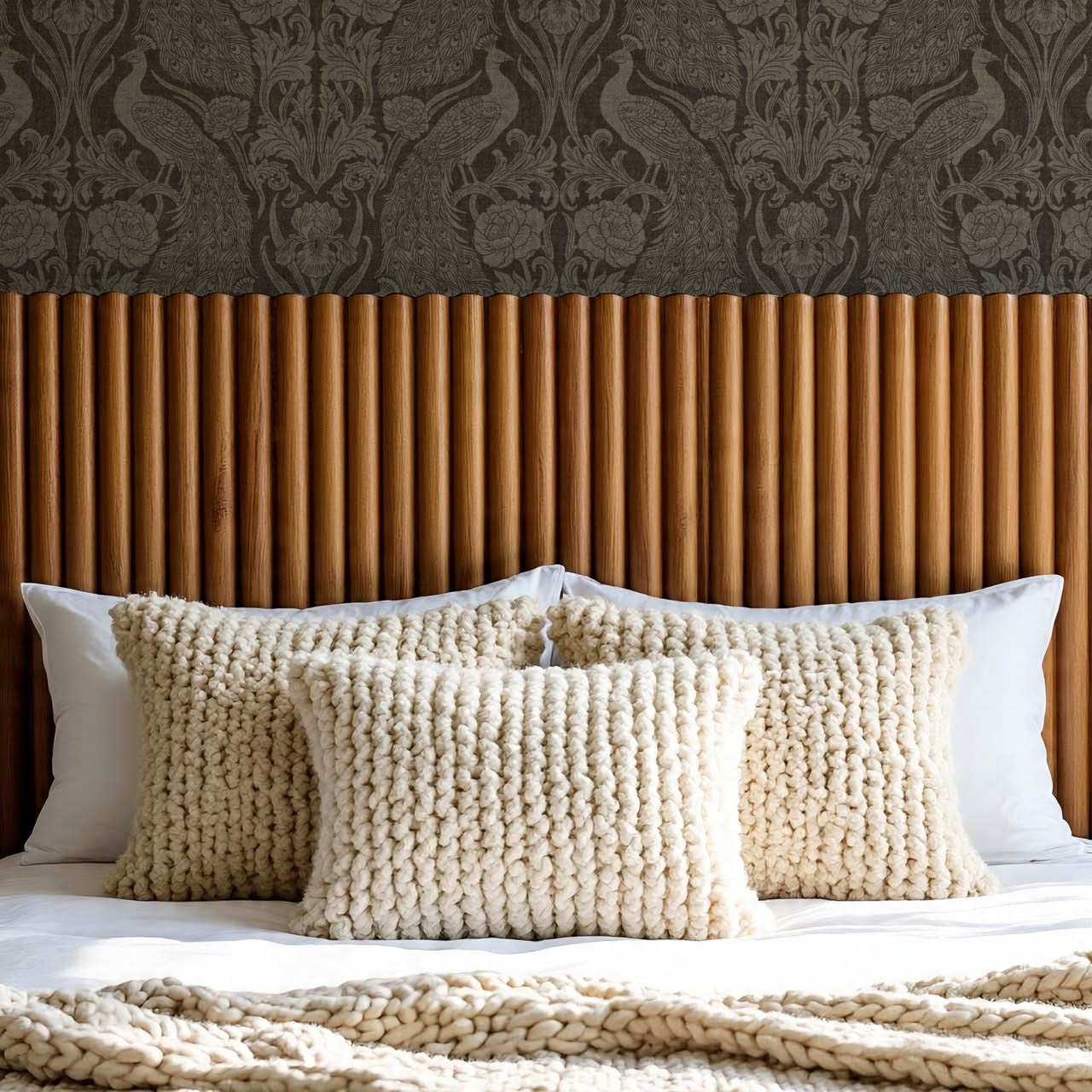 Blevine Peacocks Damask Taupe Brown Wallpaper