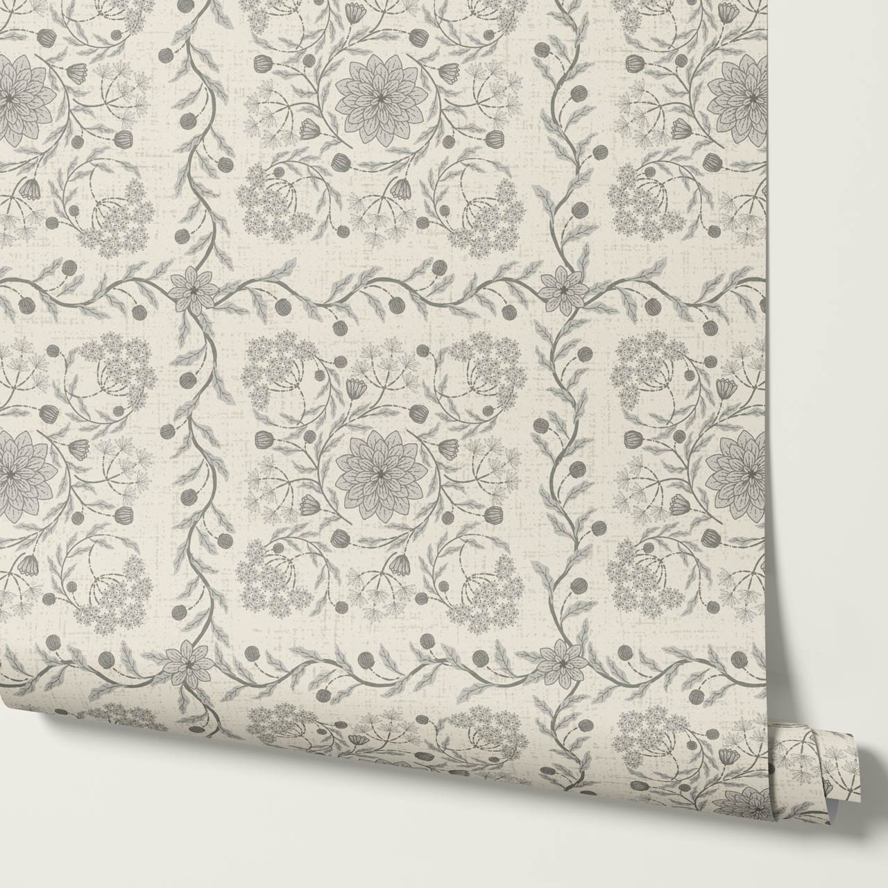 Boni Heritage Check Floral Neutral Ivory Gray Wallpaper