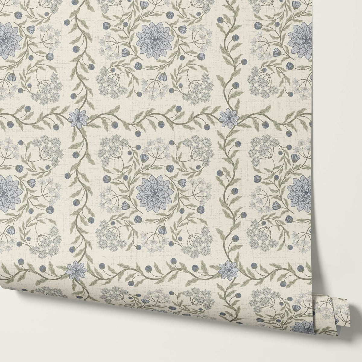Boni Heritage Check Floral Pale Blue Sage Wallpaper