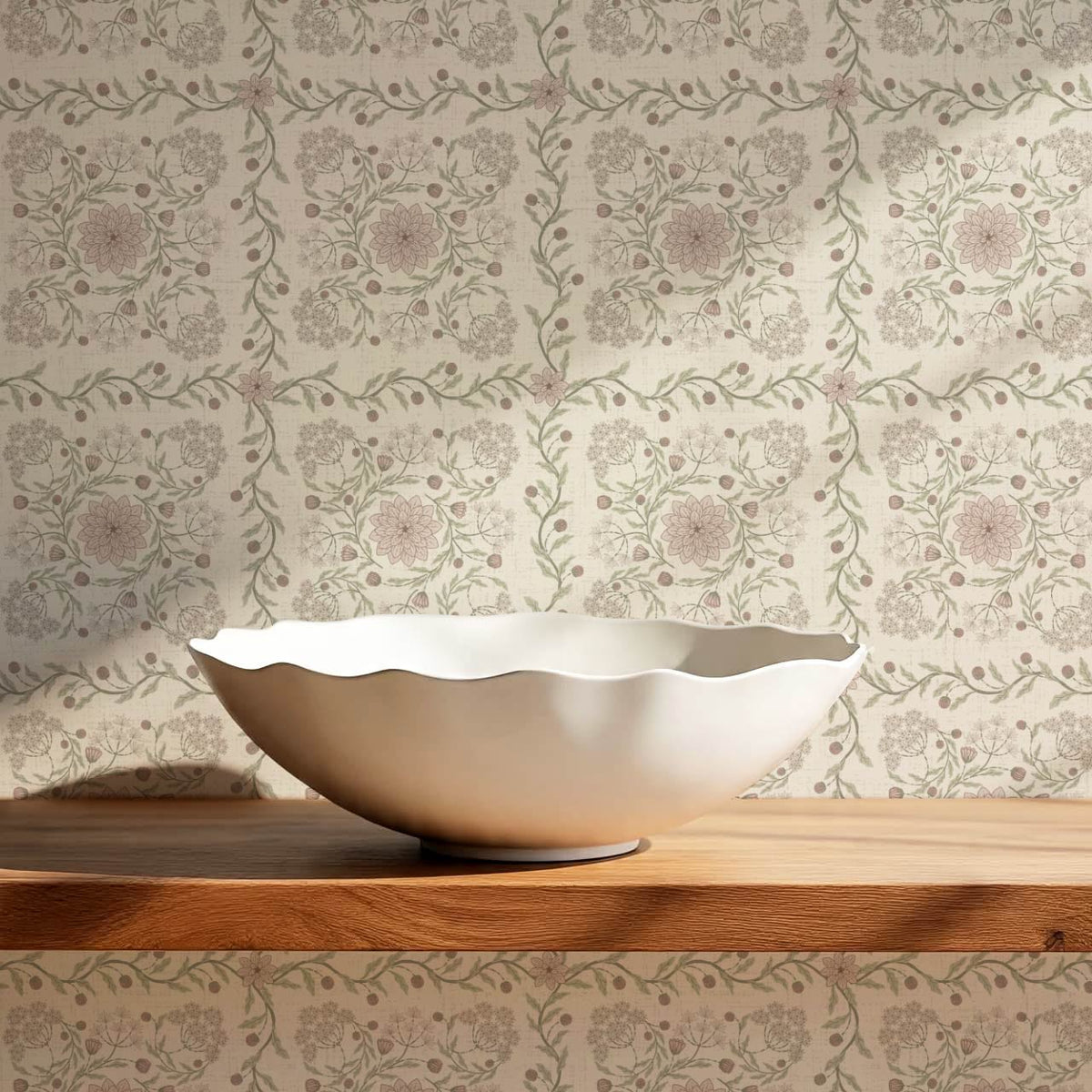 Boni Heritage Check Floral Sage Blush Ivory Wallpaper