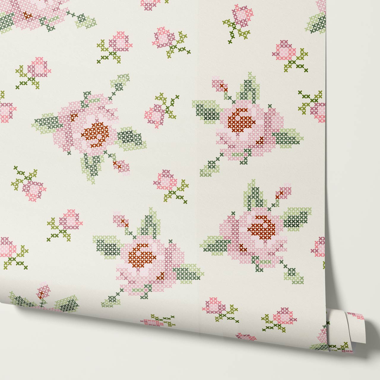 Bonnie Cross Stitch Roses Pink Wallpaper
