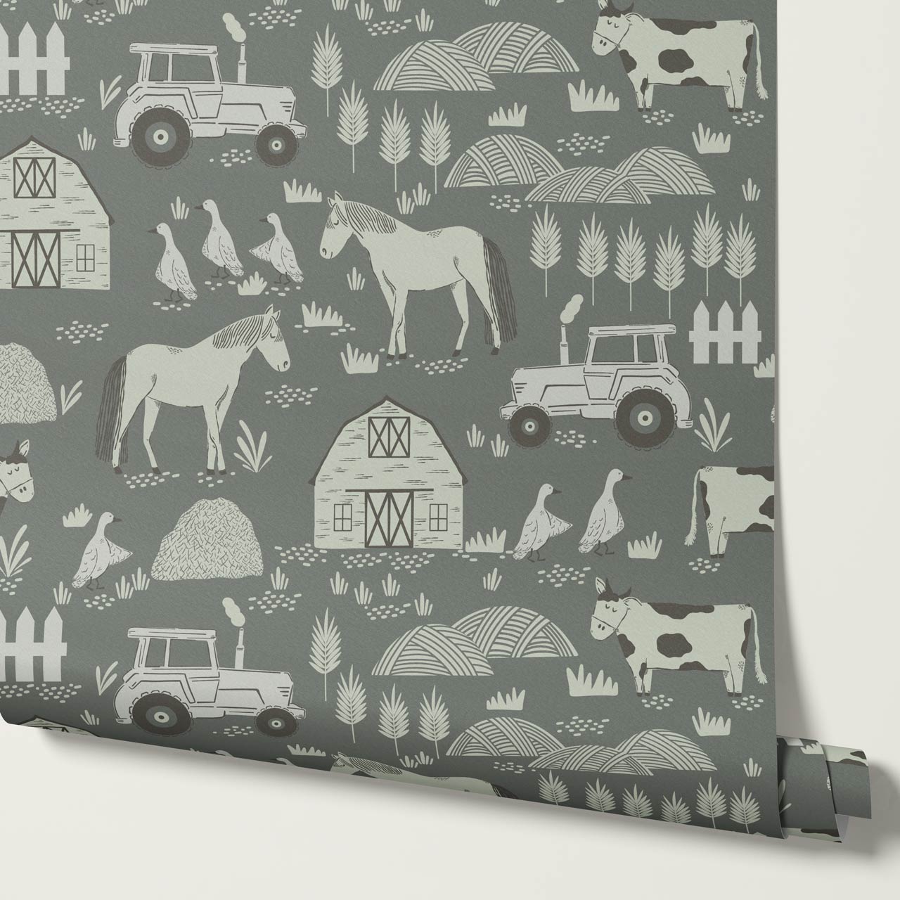 Caleb Farm Life Green Wallpaper