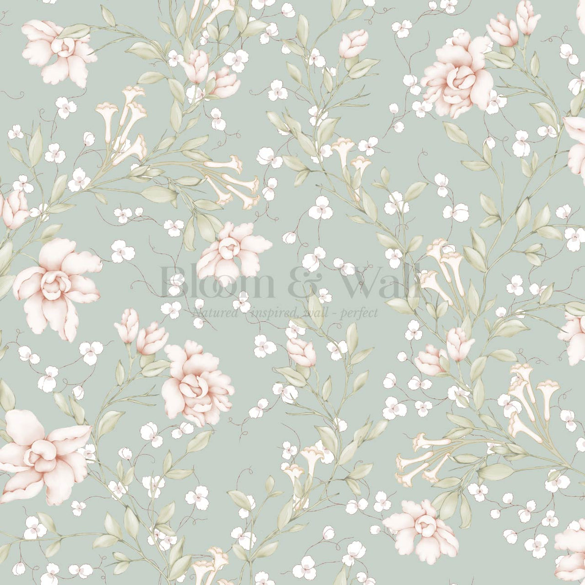 Cari Floral Blush Sea Glass Wallpaper