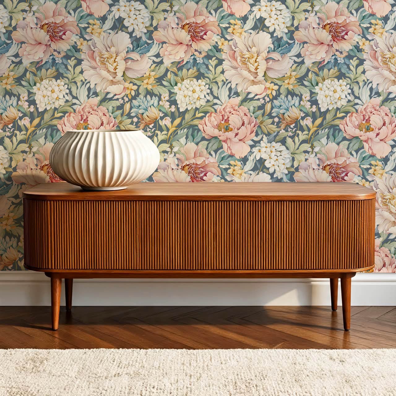 Chandelle Peony Bloom Reverie Slate Teal Wallpaper