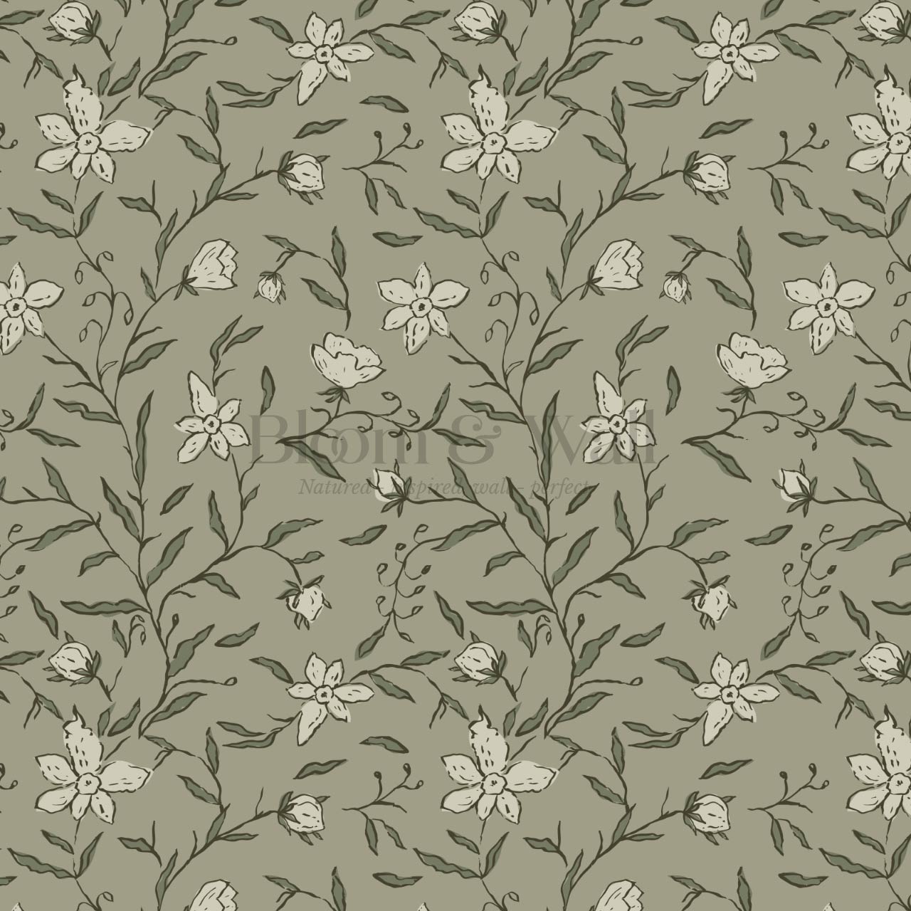 Cintia Trailing Floral Olive Stone Wallpaper